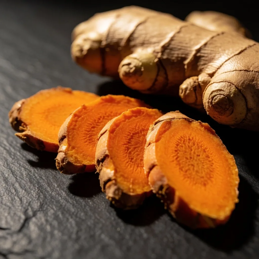 Fresh ginger root and turmeric on dark slate under violet light