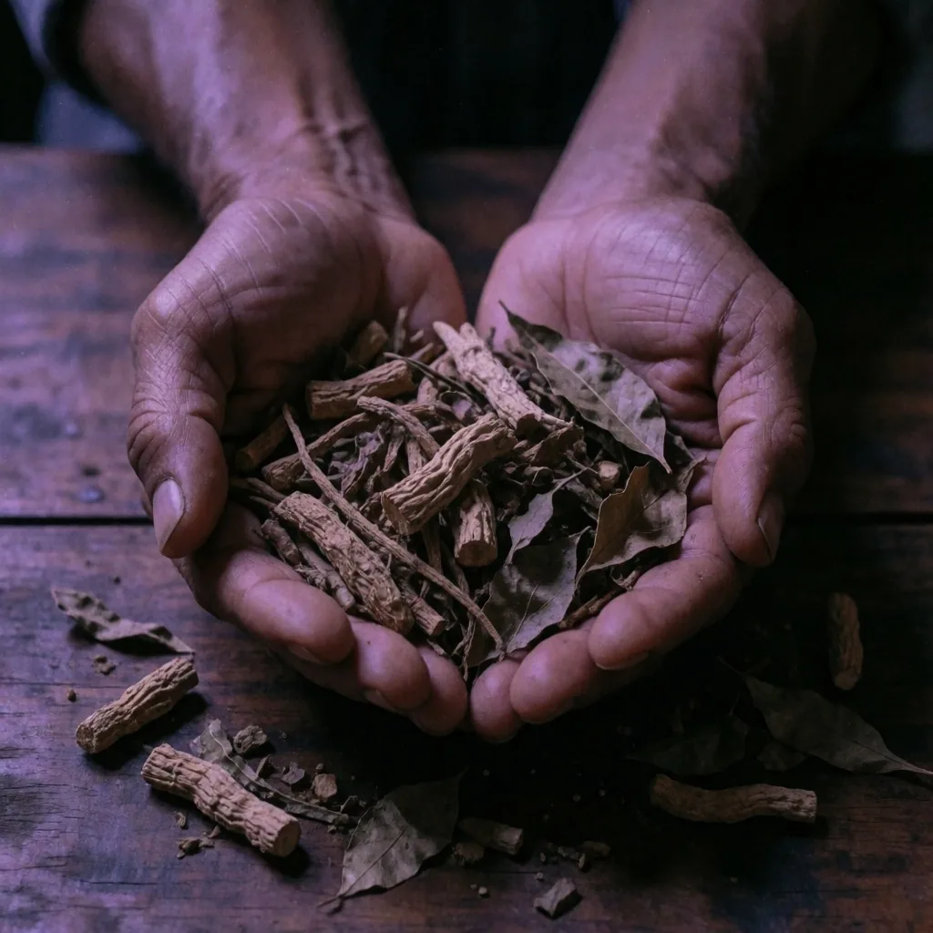 Hands holding dried herbal leaves and roots