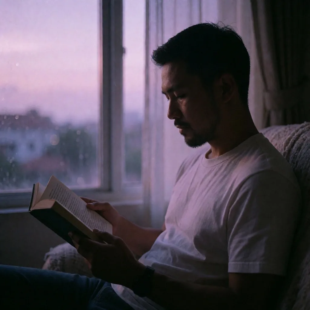 A man reading quietly in a dim library at dusk