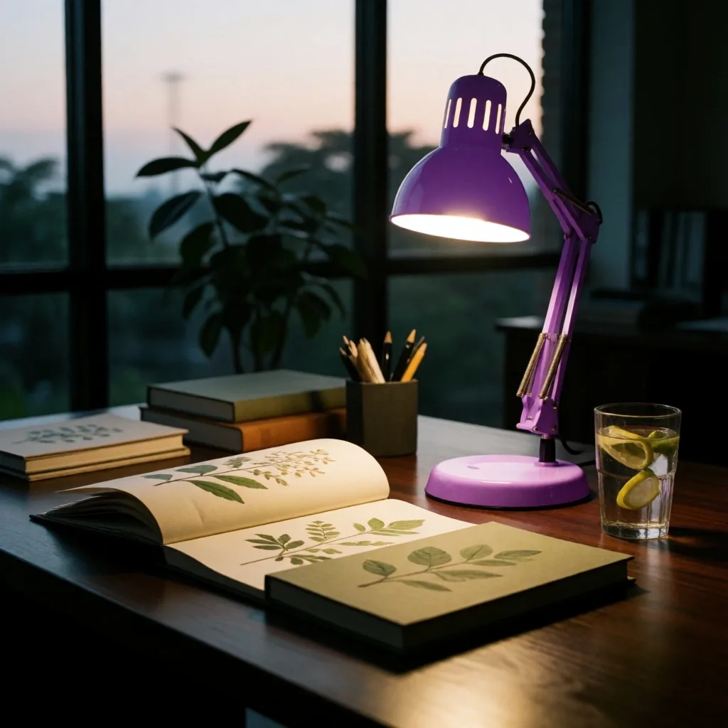 A quiet library reading room bathed in violet lamplight