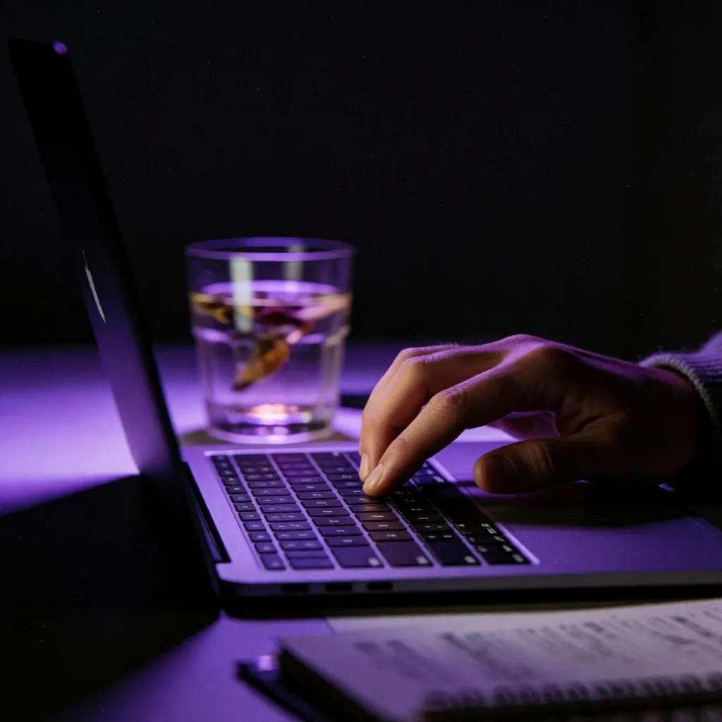 Hand adjusting privacy settings on a laptop in dim study room
