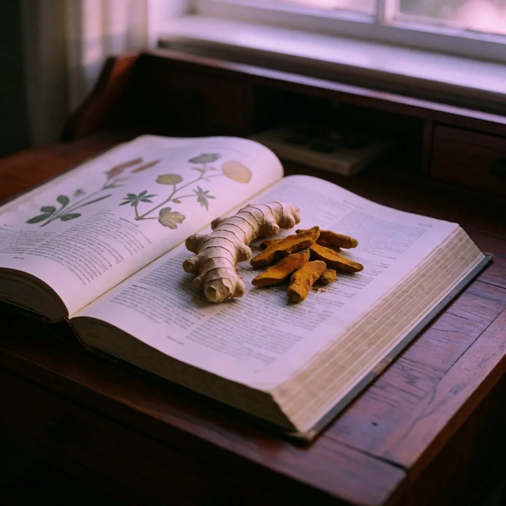Quiet library reading room with botanical reference books under violet lamp light