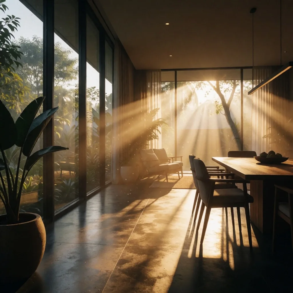 Morning sunlight filtering through tall windows onto a dark floor