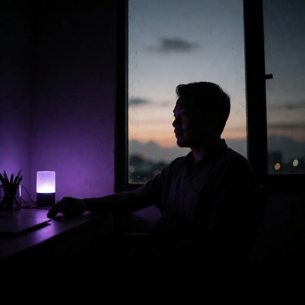A man in quiet contemplation at a desk lit by violet lamplight