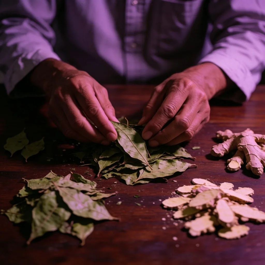 An herbalist arranging dried botanical ingredients on a dark table
