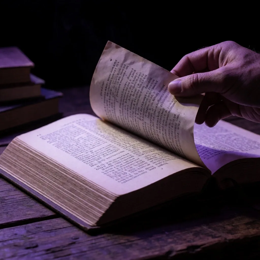 An open botanical reference book on a dark desk