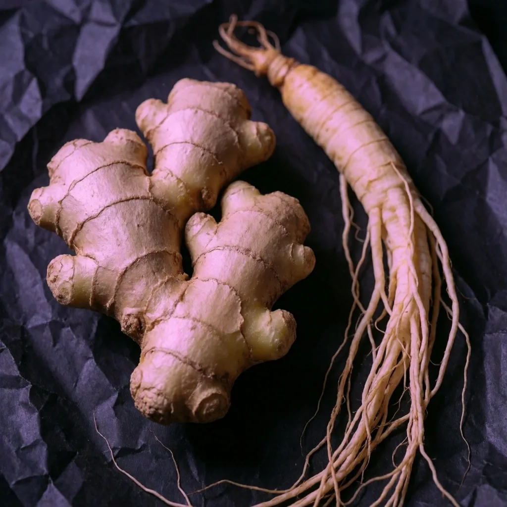 Indonesian ginger and ginseng roots on dark parchment