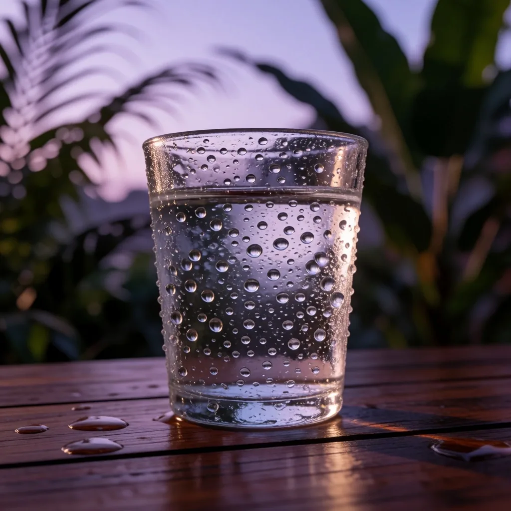 Water droplets on a dark tropical leaf in violet light