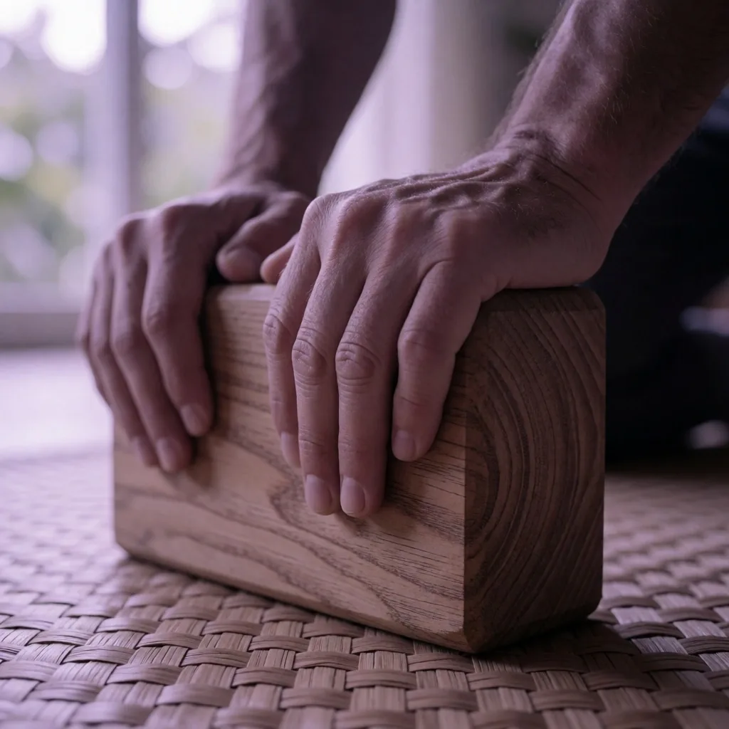 Close-up of hands gripping a wooden yoga block