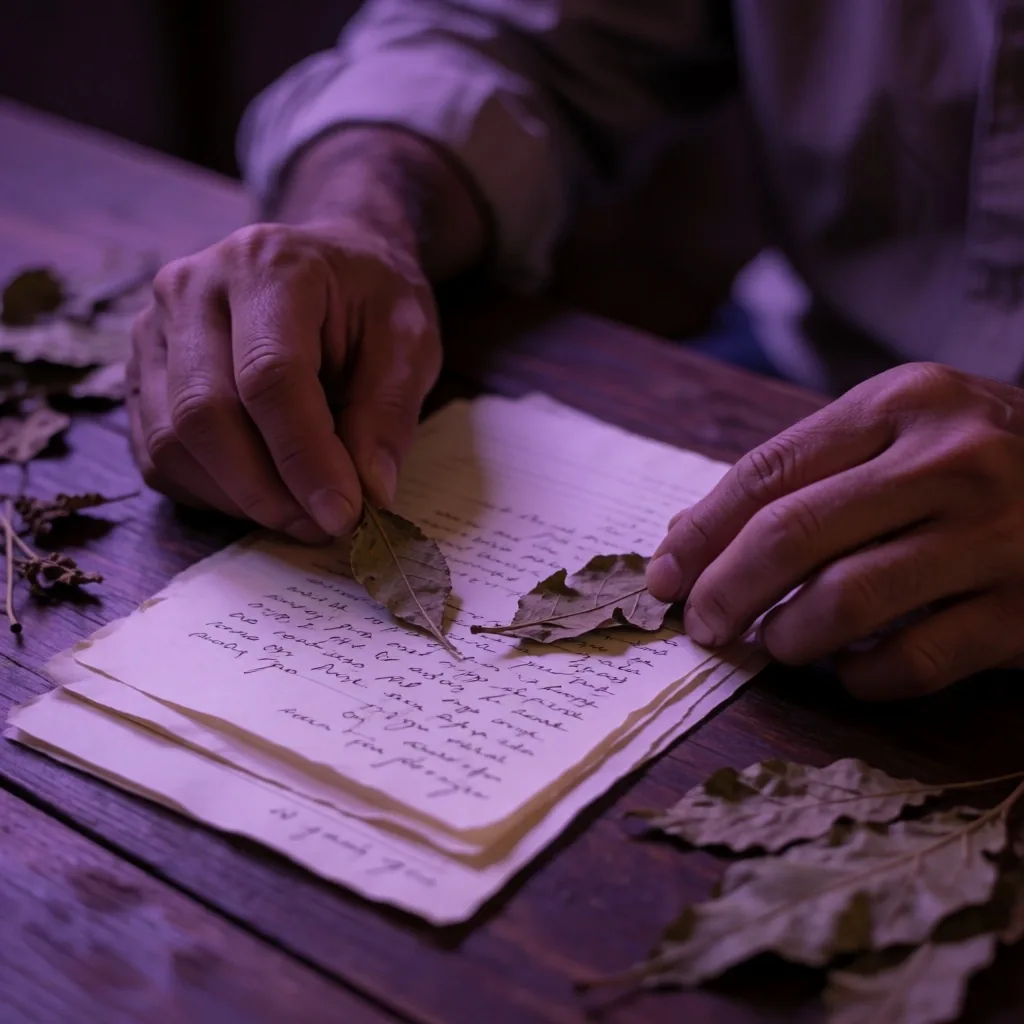 Quiet library reading room with a single violet lamp illuminating an open botanical journal