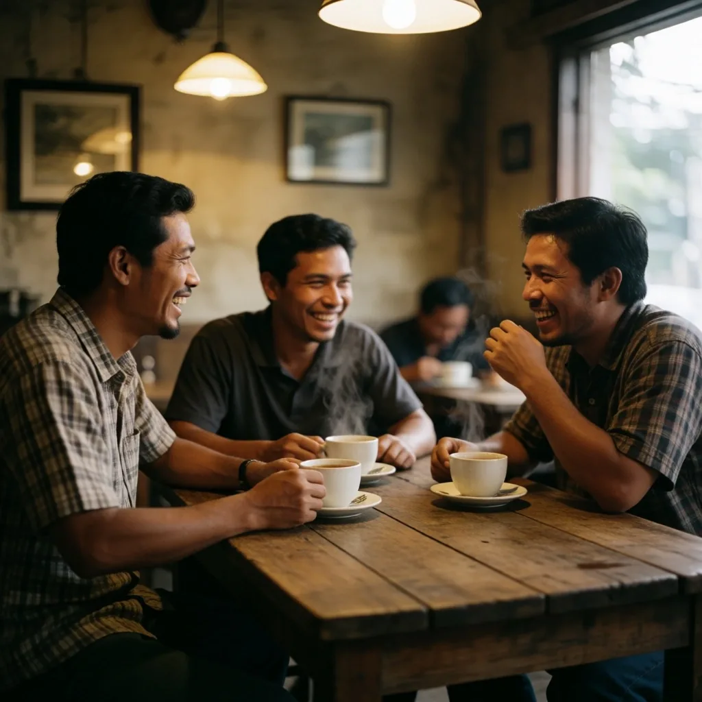 Group of men sharing wellness tips at a cafe