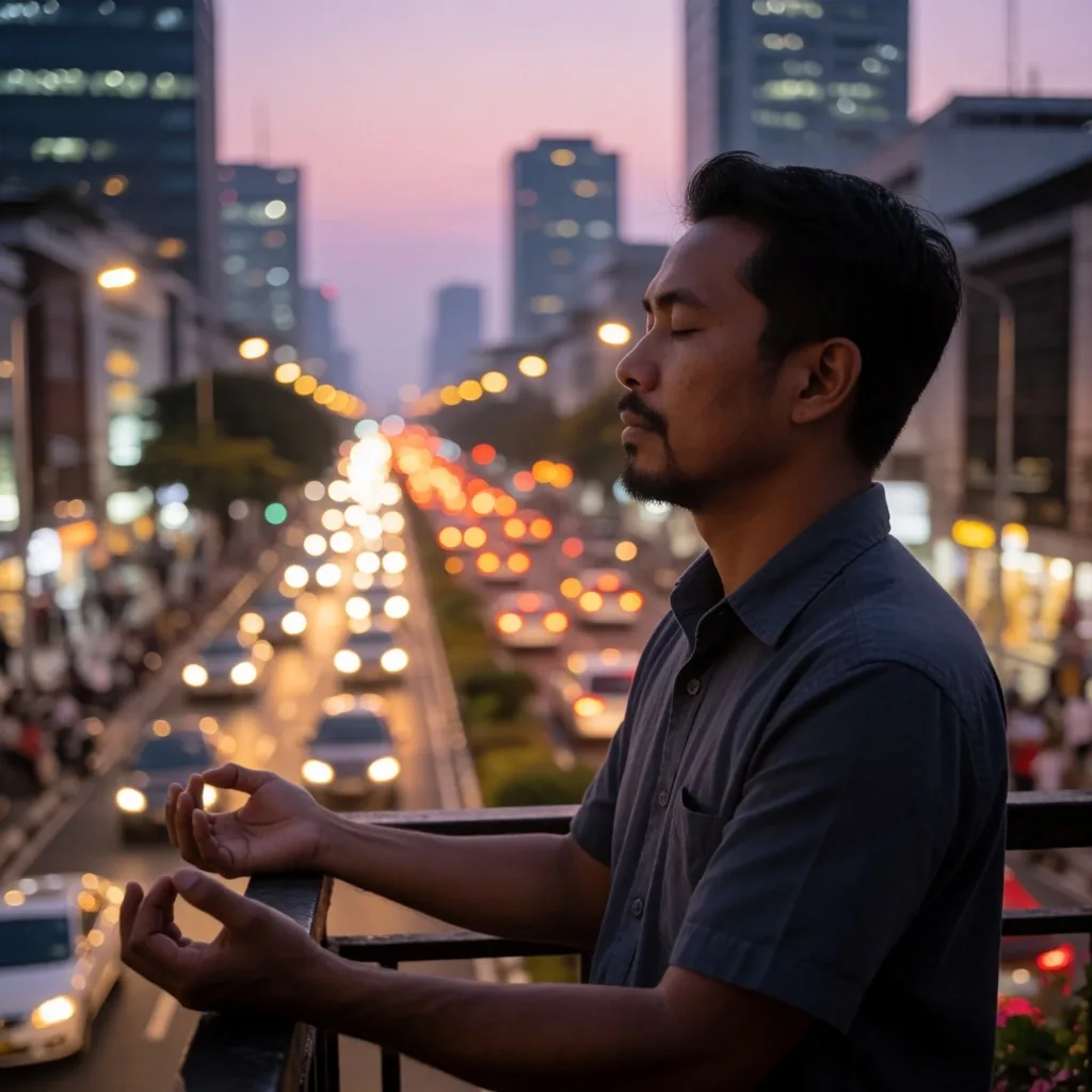 Man in contemplative state on a city rooftop at dusk